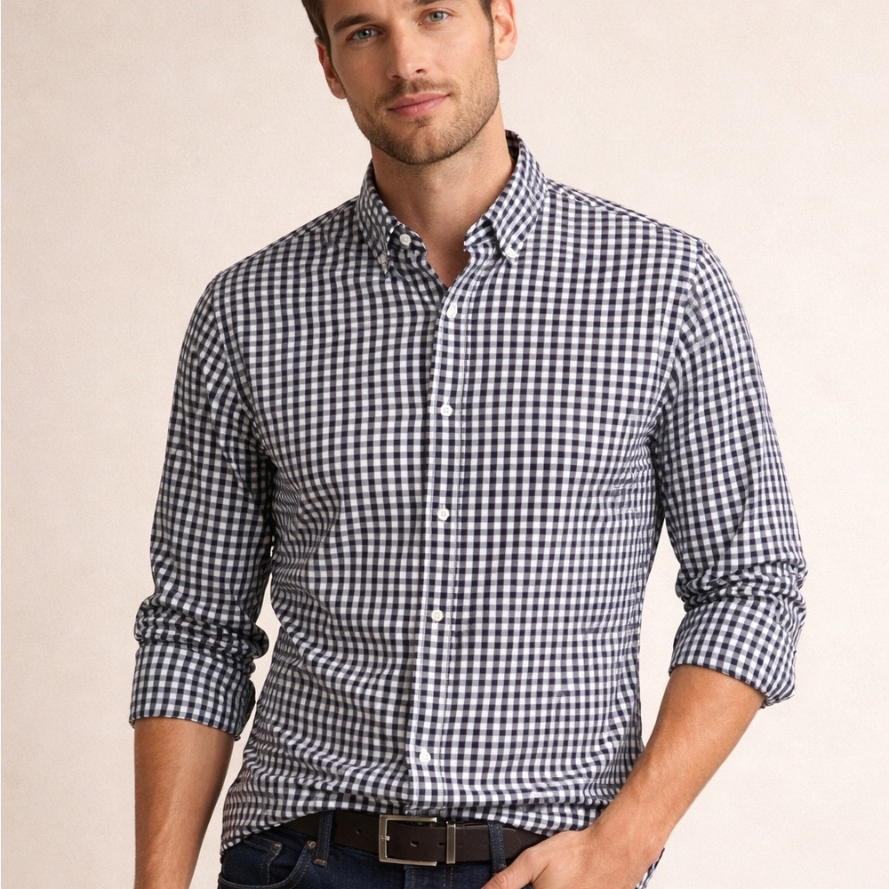 Savane Blue White Gingham Button Down Shirt Mens Small Preppy Classic Check